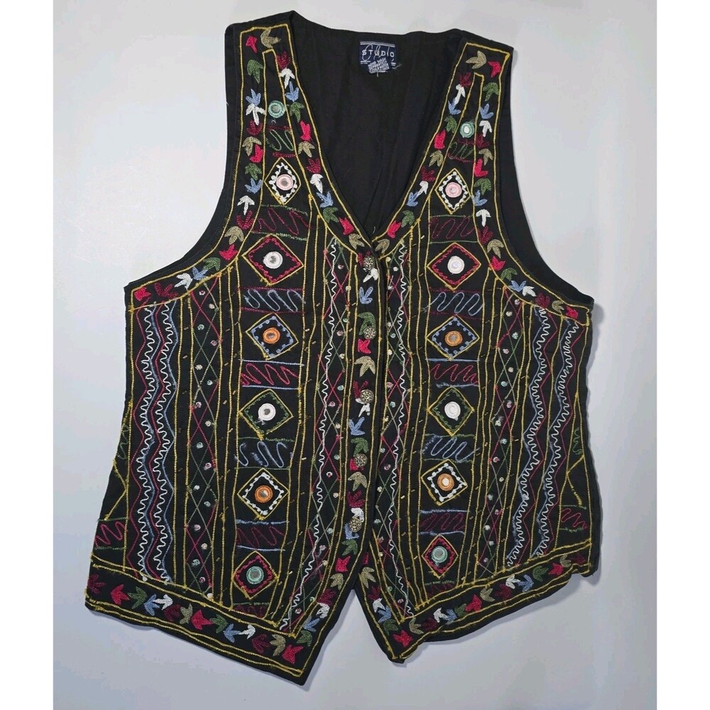 Vintage G&L Vest Womens Medium Black Western Wear Bedazzled Embroidered Top Y2K